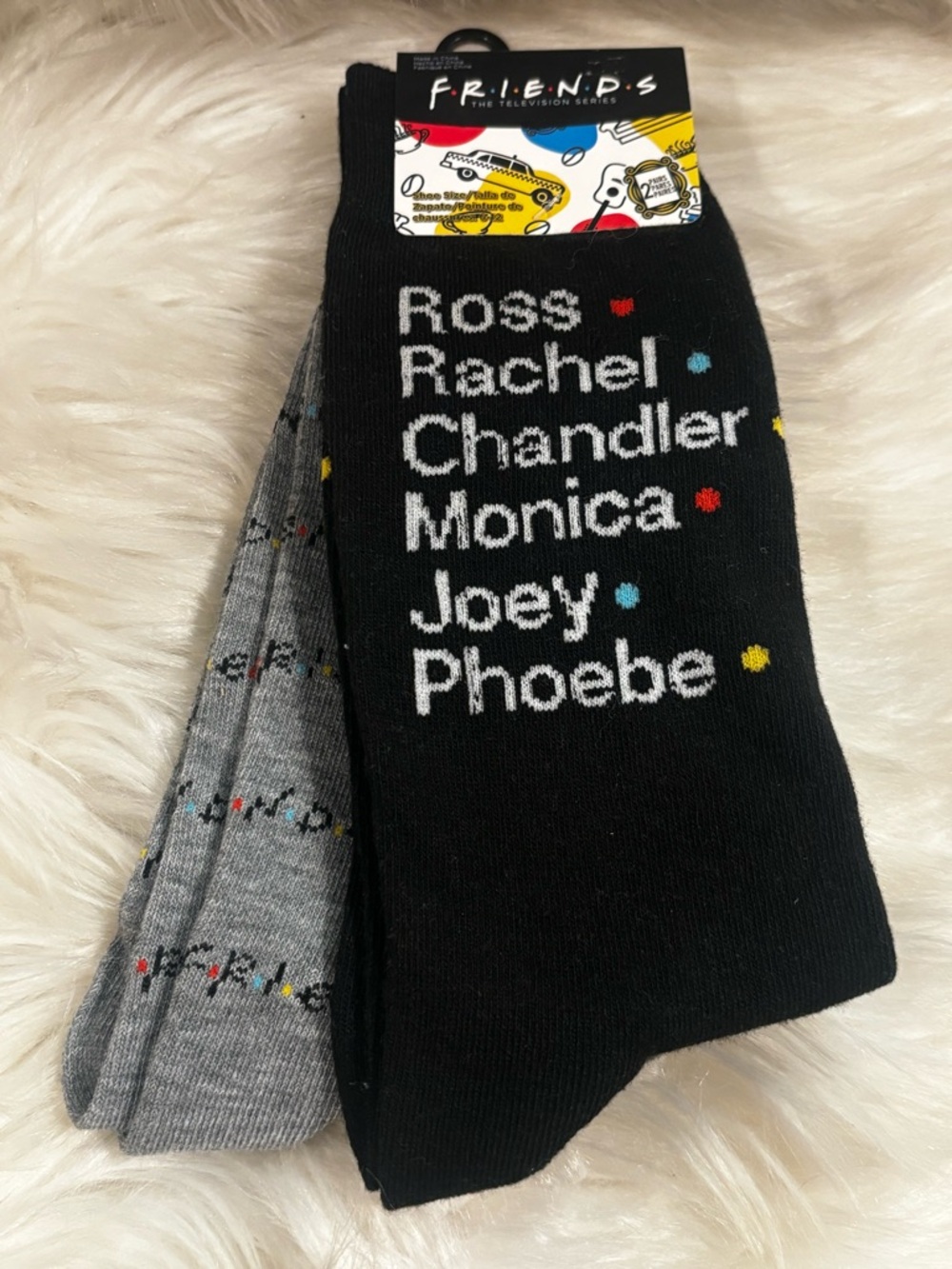 FRIENDS Unisex Crew Socks in Black & Gray with Color Dot Accents 2 Pair